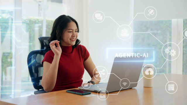 Young asian woman happy smile using search on phone Agent AI app retail shop store pay buy at home Modern Agentic bot order assisted people easy booking hotel ticket vacation smart life virtual wallet