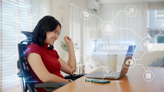 Young asian woman happy smile using search on phone Agent AI app retail shop store pay buy at home Modern Agentic bot order assisted people easy booking hotel ticket vacation smart life virtual wallet