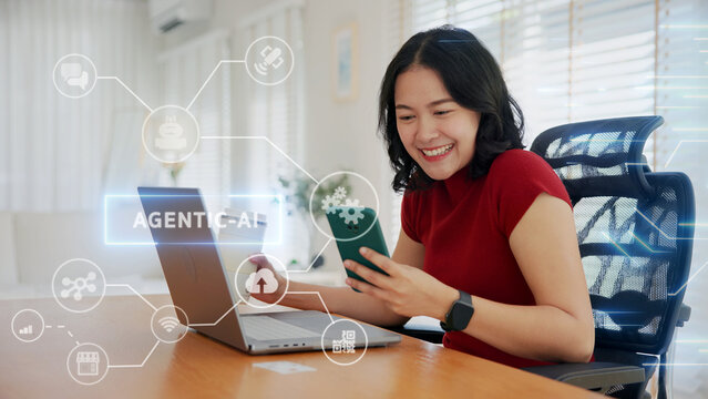 Young asian woman happy smile using search on phone Agent AI app retail shop store pay buy at home Modern Agentic bot order assisted people easy booking hotel ticket vacation smart life virtual wallet