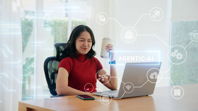 Young asian woman happy smile using search on phone Agent AI app retail shop store pay buy at home Modern Agentic bot order assisted people easy booking hotel ticket vacation smart life virtual wallet