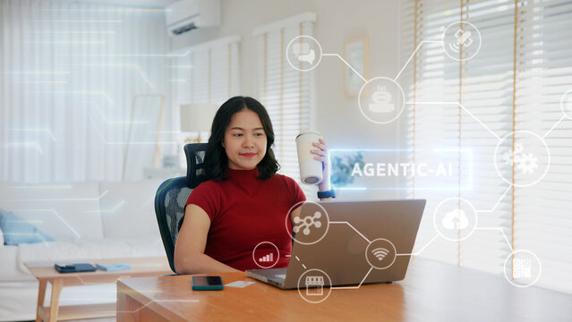 Young asian woman happy smile using search on phone Agent AI app retail shop store pay buy at home Modern Agentic bot order assisted people easy booking hotel ticket vacation smart life virtual wallet