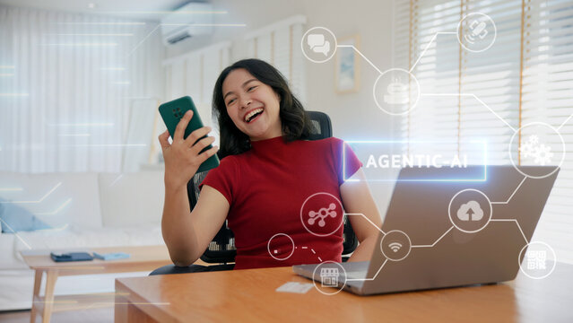 Young asian woman happy smile using search on phone Agent AI app retail shop store pay buy at home Modern Agentic bot order assisted people easy booking hotel ticket vacation smart life virtual wallet