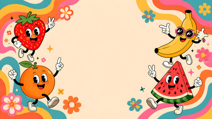 Naklejka premium Retro Cartoon Fruit Characters Dancing on a Vintage Wavy Background
