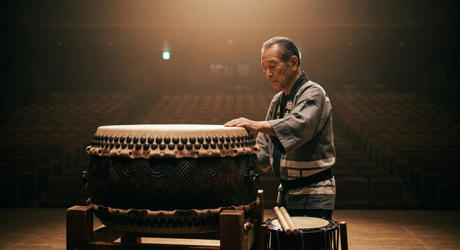 A candid, contemplative photograph of a Taiko master standing alone on a quiet, stage-lit platform after a performance, resting a hand on the massive drum, 