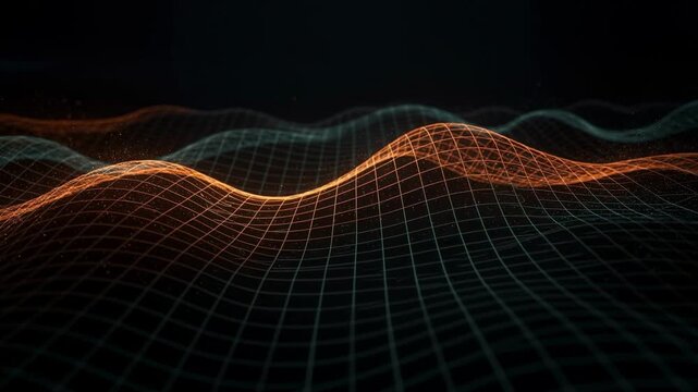 Glowing digital landscape with vibrant orange and blue grid waves pulsating in a flowing futuristic design