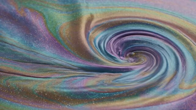 Abstract swirling iridescent liquid with glitter and metallic sheen, mesmerizing fluid motion, iridescent colors, futuristic background