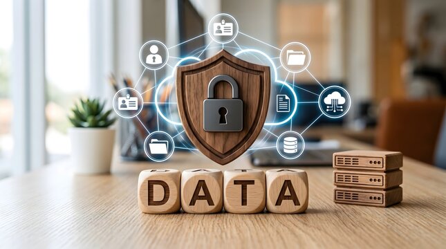 Data protection and cybersecurity. Wooden shield with network icons.