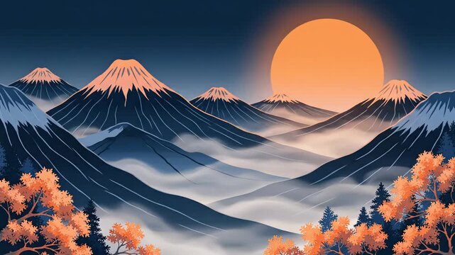 Japanese style mountain range at sunset with mist. 4K Video