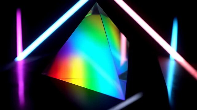 A triangular glass prism refracts light creating a vibrant rainbow spectrum against a dark background with neon geometric light tubes, abstract science or physics concept