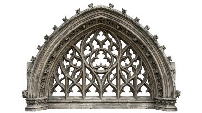 Intricate gothic architectural stone window arch with detailed carvings isolated gothic revival bas relief architecture ornament medieval cathedral historic building structure