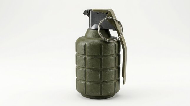 Green fragmentation hand grenade isolated on white background with military explosive tactical dangerous fragmentation hardware conflict security equipment defensive explosives