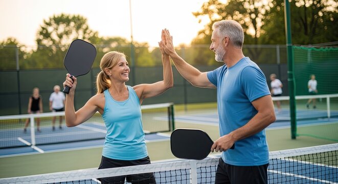A senior couple celebrates a pickleball victory. A man and a woman are standing behind the net, holding pickleball paddles and giving each other a high five.