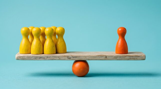 Conceptual balance scale showing one orange figure outweighing yellow team