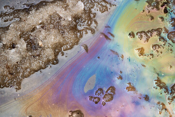 Fototapeta premium Iridescent oil slick on a puddle surface with melting dirty snow, showing colorful petroleum spill abstract patterns after winter thaw on an asphalt road in urban environment