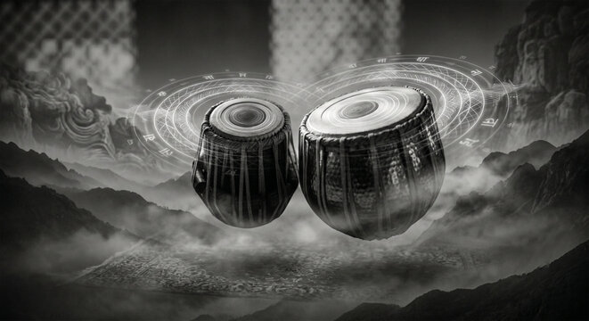 A conceptual, surreal image of tabla drums floating in a tranquil, mist-covered mountain landscape at twilight, with faint, glowing, rhythmic ripples emanating from the drumheads
