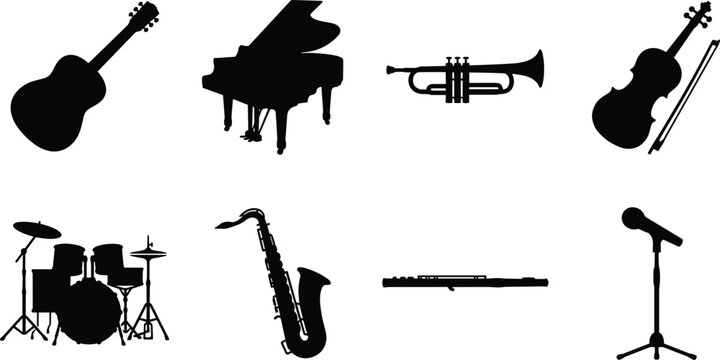 Musical instruments black silhouettes vector set isolated on white background for concert and education design.