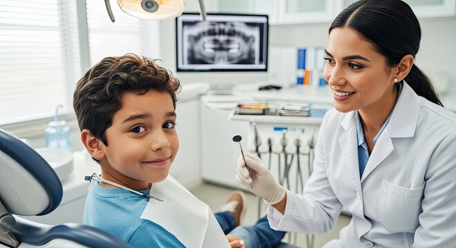 A young boy sits in a dental chair, smiling at a female dentist. The dentist, wearing a white lab coat, is holding a dental mirror and probe.