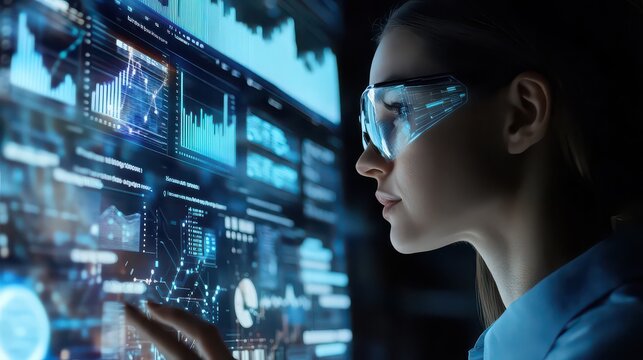 Woman analyzing holographic data screens in futuristic lab
