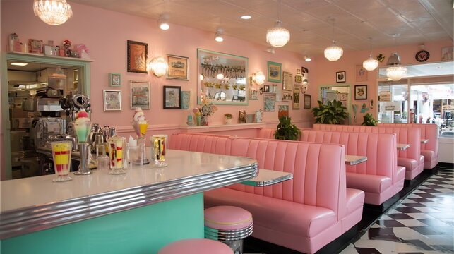 Vintage diner interior featuring pink leather booths and colorful dessert parfaits on a counter