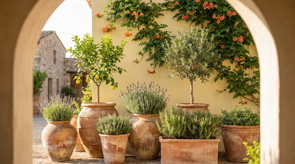 Fototapeta premium Mediterranean garden featuring potted citrus, olive, and herb plants within sunlit arched doorway, rustic courtyard for tranquil living.