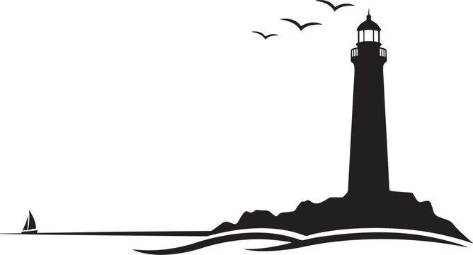 Black silhouette of a lighthouse on a rocky outcrop sailboat