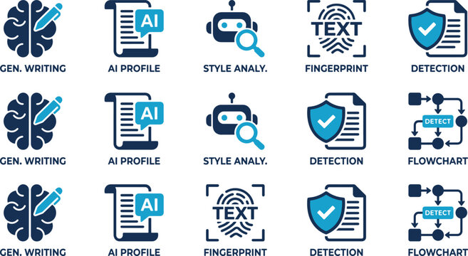 Set of Artificial Intelligence icons for generative writing, text style analysis, AI profile identification, and plagiarism detection isolated on white background.