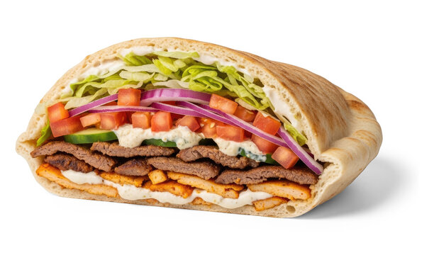 A pita bread sandwich is cut open to reveal its layered ingredients. The sandwich contains grilled lamb, chicken, and a creamy sauce.