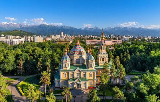 Quadcopter view of the Orthodox wooden Ascension Cathedral built in 1907 in the Kazakh city of Almaty