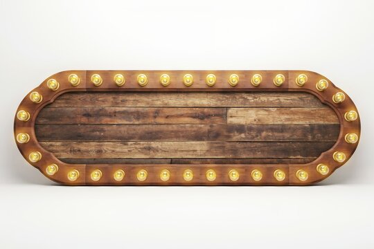 Oval shaped wooden marquee sign with rustic horizontal planks and glowing warm incandescent light bulbs around the perimeter, isolated on white