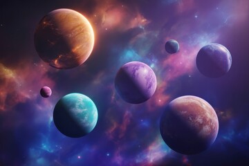 Naklejka premium Collection of diverse colorful planets and a nebula in a deep space galaxy