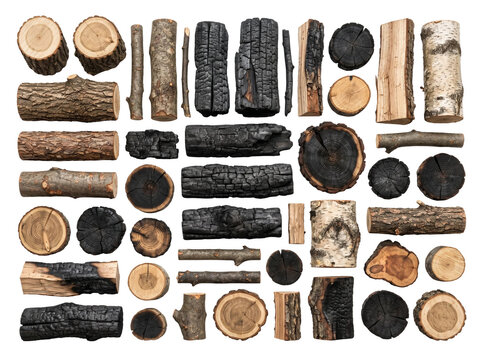 Multiple wooden logs and charcoal pieces isolated on a clean white background featuring various textures of natural brown bark burnt black surfaces and cross section rings for creative design and rust