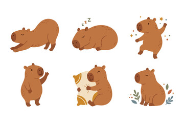 Fototapeta premium Cute capybara emotions and sleeping routine vector illustration set. Adorable capybara character stretching, sleeping with pillow, dancing, and waving hand clip art