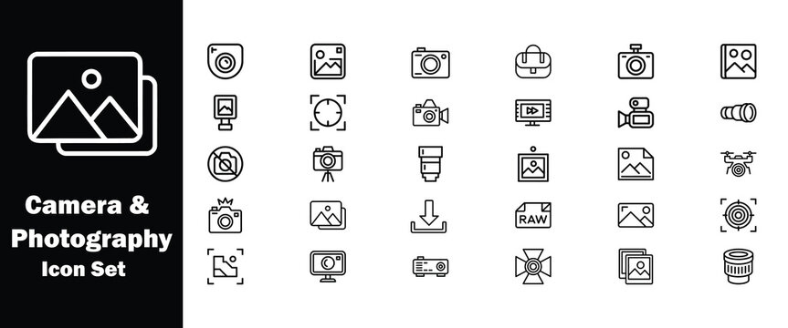 Camera and Photography Line Icons Set. Modern Photography Equipment, DSLR Camera, Lens, Flash, Tripod, Drone, RAW File and Media Gallery Vector Collection