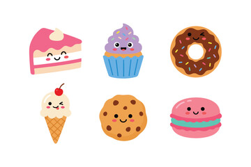 Kawaii cookies donut and sweet chocolate cake vector illustration. Cute dessert character set with chocochip cookie, cupcake, ice cream cone, and macaron clip art