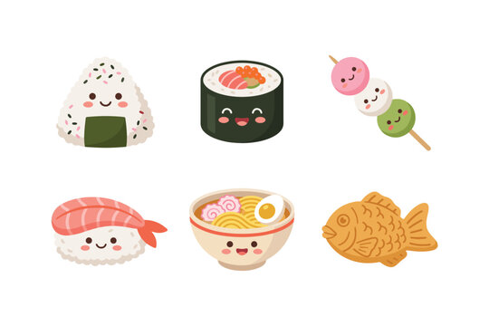 Kawaii japanese ramen noodle bowl and cute sushi vector illustration. Adorable asian food character set with onigiri, maki roll, dango, and taiyaki fish cake clip art