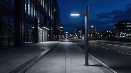 Fototapeta premium A tall, modern street light illuminates a dark urban street at night. The light stands on a concrete sidewalk, casting a bright beam onto the road ahead.