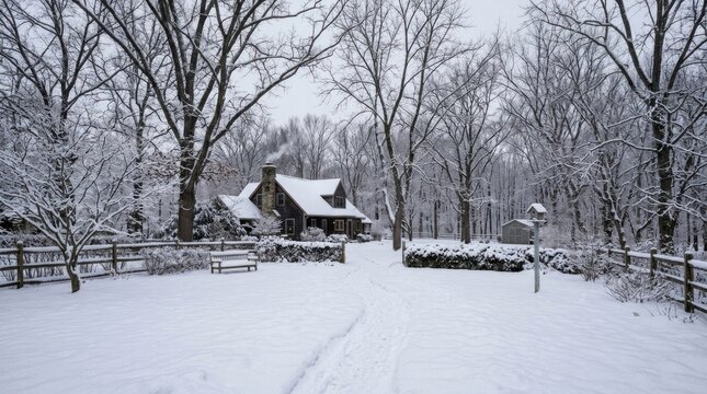 A snow-covered landscape features a charming, rustic house nestled amidst a serene forest. The house has a dark wooden exterior and a steeply pitched roof covered in snow.