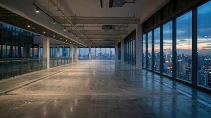 Fototapeta premium A vast, empty office space occupies a high-rise building. Large windows stretch across the entire wall, offering a panoramic view of a cityscape at twilight.