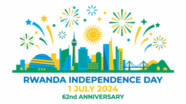 Graphic illustration celebrating Rwanda Independence Day 2024 with a vibrant cityscape, sun, and fireworks in national colors.