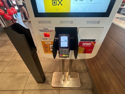 McDonald&rsquo;s Self-Service Ordering Kiosk Inside Restaurant. June 27 2026. Alberta, Canada. For editorial use only