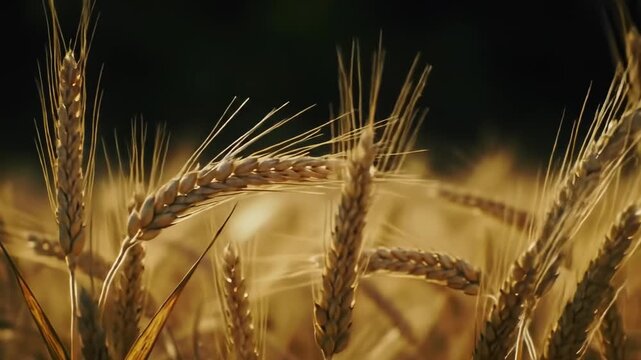 Golden wheat field under warm sunlight, ripe cereal crops swaying gently, representing harvest and agriculture, natural organic growth