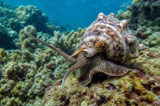 Triton snail extending its tentacles on a coral reef with a visible spiral shell.