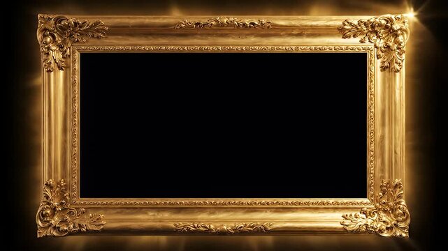Ornate Gold Rectangular Picture Frame With Glowing Light Effects Isolated On A Deep Black Background For Decorative Art Displays