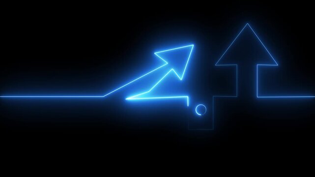 Futuristic neon blue upload arrow icon glowing on a dark background. Modern technology symbol representing file upload, cloud transfer, data synchronization, digital communication, online.