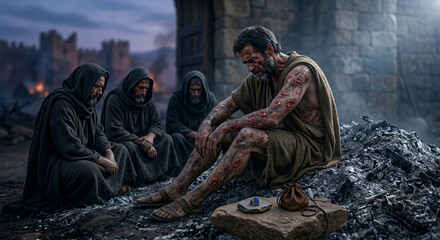 Obraz premium Bible, A high-contrast, atmospheric photograph of Job sitting on the ground, surrounded by his three friends who are seated a few paces away. 