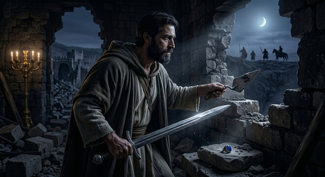 Bible, &nbsp;A gritty, high-contrast action shot of a laborer on the wall. He is holding a stone-laying tool in one hand and a defensive sword in the other,