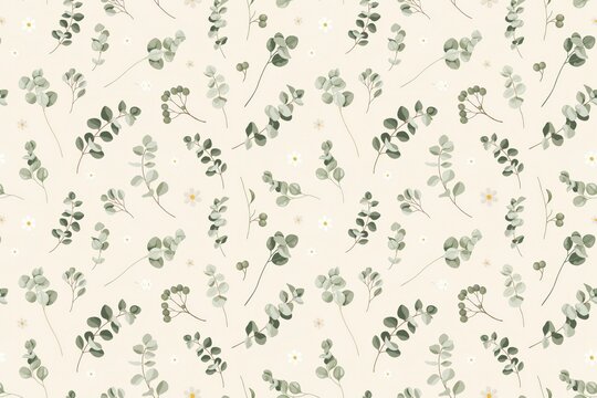 Seamless botanical wallpaper pattern with small green eucalyptus leaves and tiny white flowers scattered on a light beige textured background