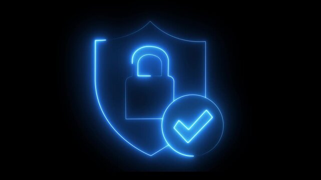 Glowing neon cyber security shield with lock and checkmark for data protection and digital privacy concepts