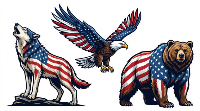 American animals with patriotic flag patterns on fur