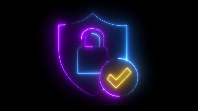 Neon cyber security shield with padlock and checkmark animation on black background .4k video animation 